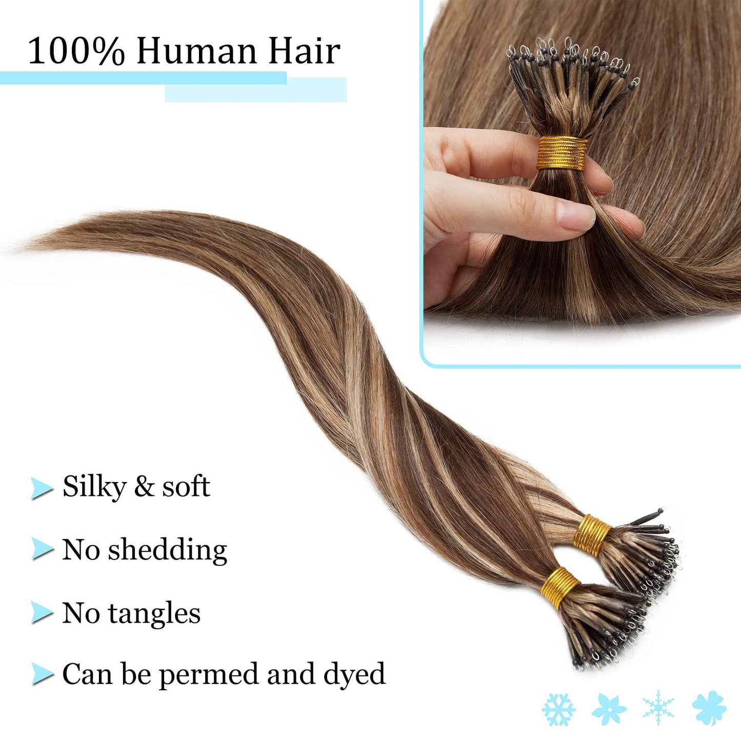 SEGO Nano Tip Hair Extensions Human Hair Balayage Nano Ring Beads Pre-bonded Seamless Highlight Extensions for Women 1g/strand 50g/pack -16 Inch /4P27 Medium Brown&Dark Blonde