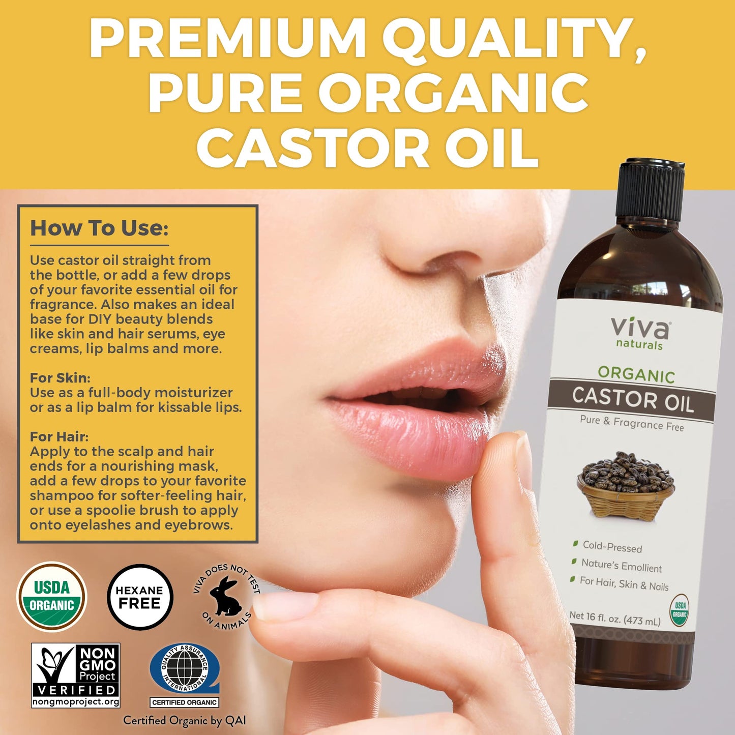 Viva Naturals Organic Castor Oil, 16 fl oz - Cold Pressed Castor Oil for Skin, Hair and Lashes - Traditionally Used to Support Hair Growth - Certified Organic & Non-GMO - Includes Beauty Kit