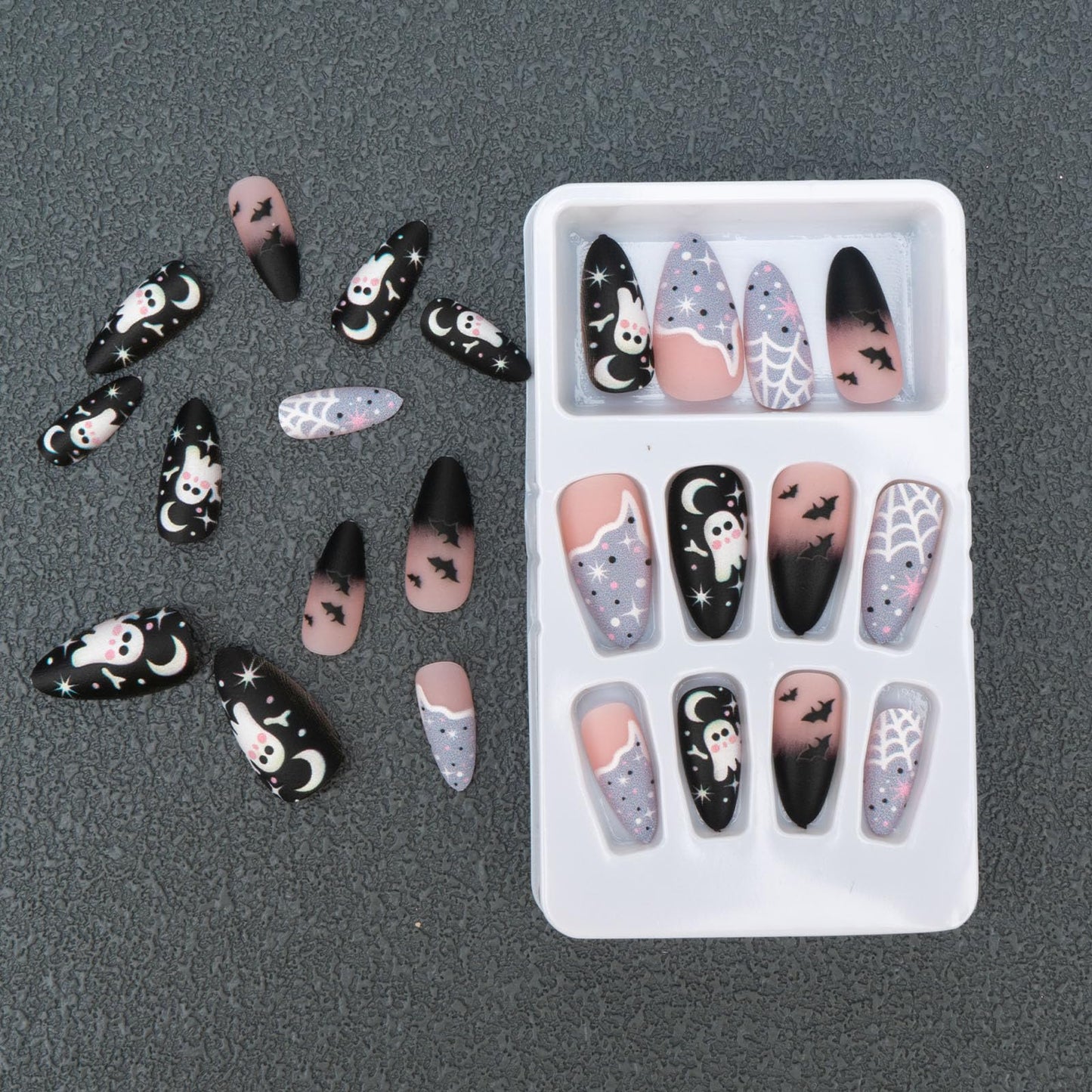 Halloween Press on Nails Almond Medium Fake Nails Black French Matte Spiderweb False Nails with Ghost Bat Designs Glue on Nails Artificial Acrylic Stick on Nails for Women - 24Pcs