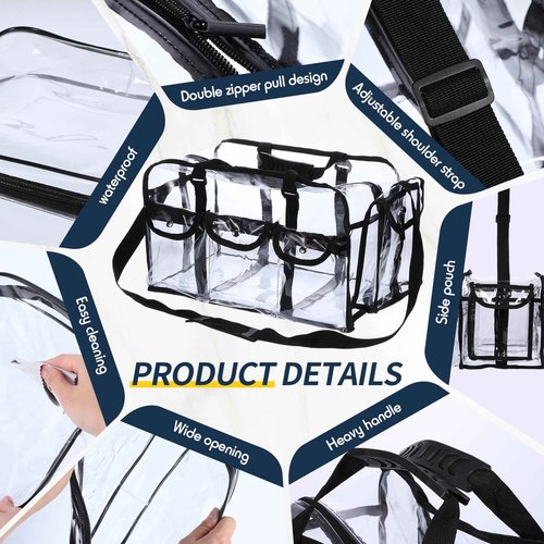 Abbylike 2 Pcs Large Professional Clear PVC Travel Makeup Bag with 4 External Pockets and Shoulder Strap Zippered Toiletry Bags for Women(Black)