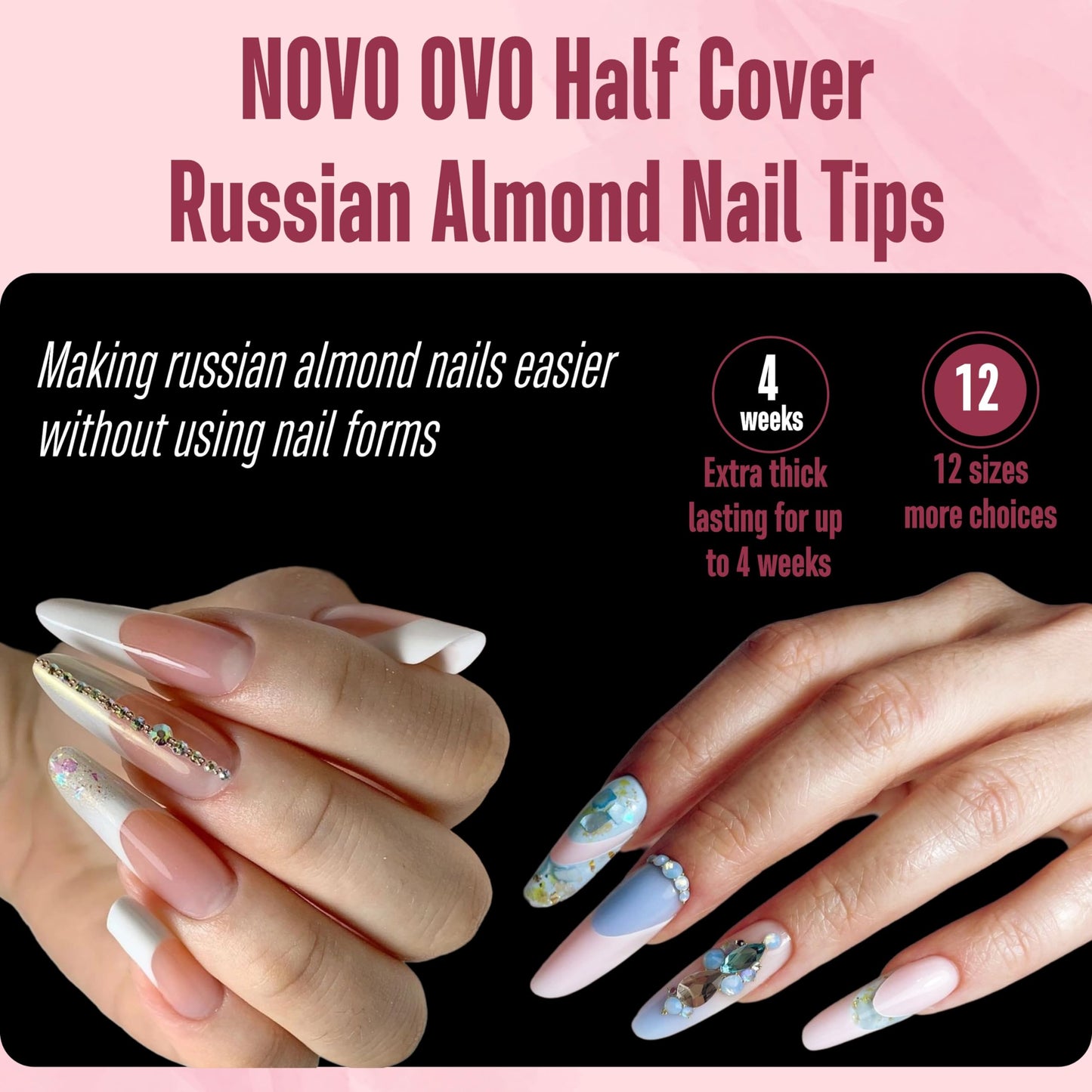 NOVO OVO Nail Tips Russian Almond Round Oval, Soft Gel x Acrylic Half Cover Nail Kit for Russia 3D Sculptured Edge Fake Nails Manicure, Extra Long XL XXL Pre-etched French tip Press on 12 sizes 320pc