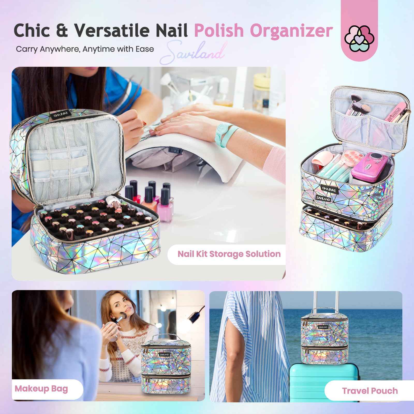 SAVILAND Nail Polish Organizer Bag: PU Leather Nail Kit Organizer Holds 30 Bottles & Nail Lamp, Holographic Nail Supply Organizer Nail Polish Holder Case Nail Organizers and Storage Box for Nail Tech
