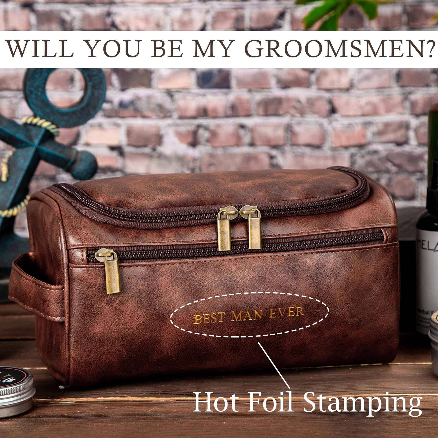 Flycalf Mens Toiletry Travel Bag Customized Mens Leather Toiletries Grooming Bag for Men Shaving Bag Hanging Water Resistant Organizer (Brown)