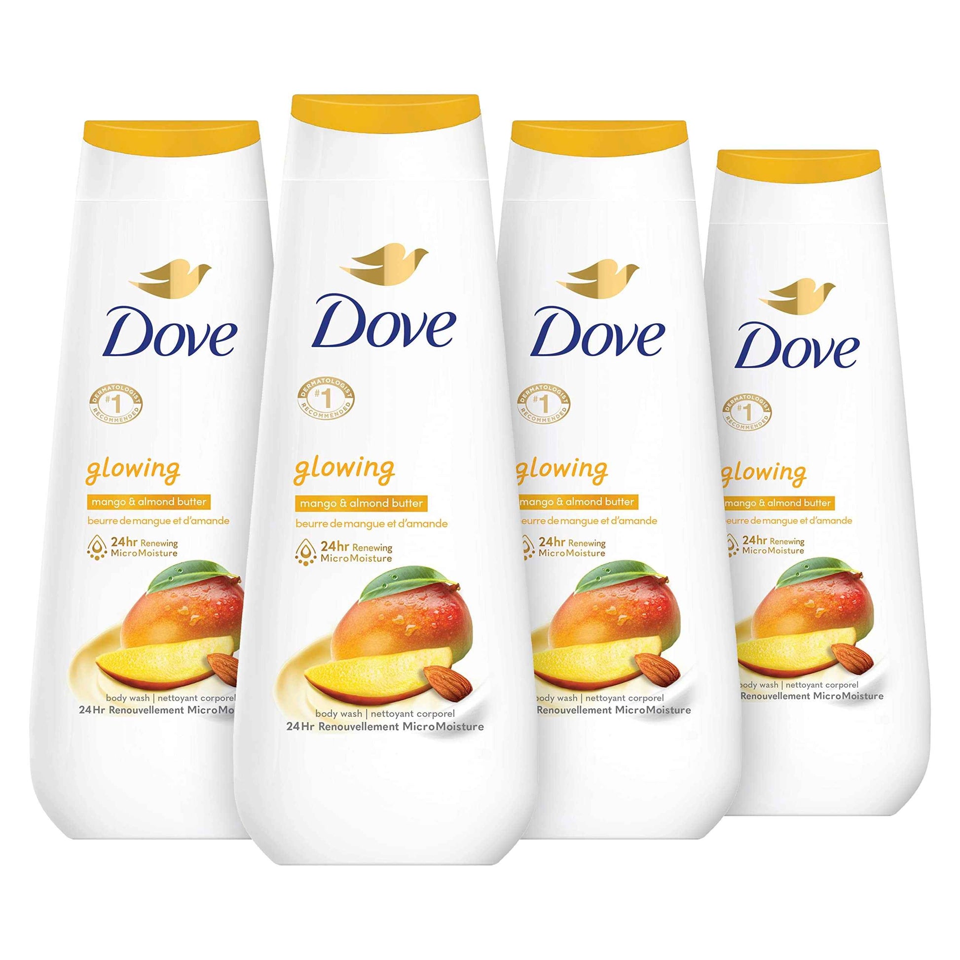 Dove Body Wash Glowing Mango & Almond Butter 4 Count for Renewed, Healthy-Looking Skin Gentle Skin Cleanser with 24hr Renewing MicroMoisture 20 oz