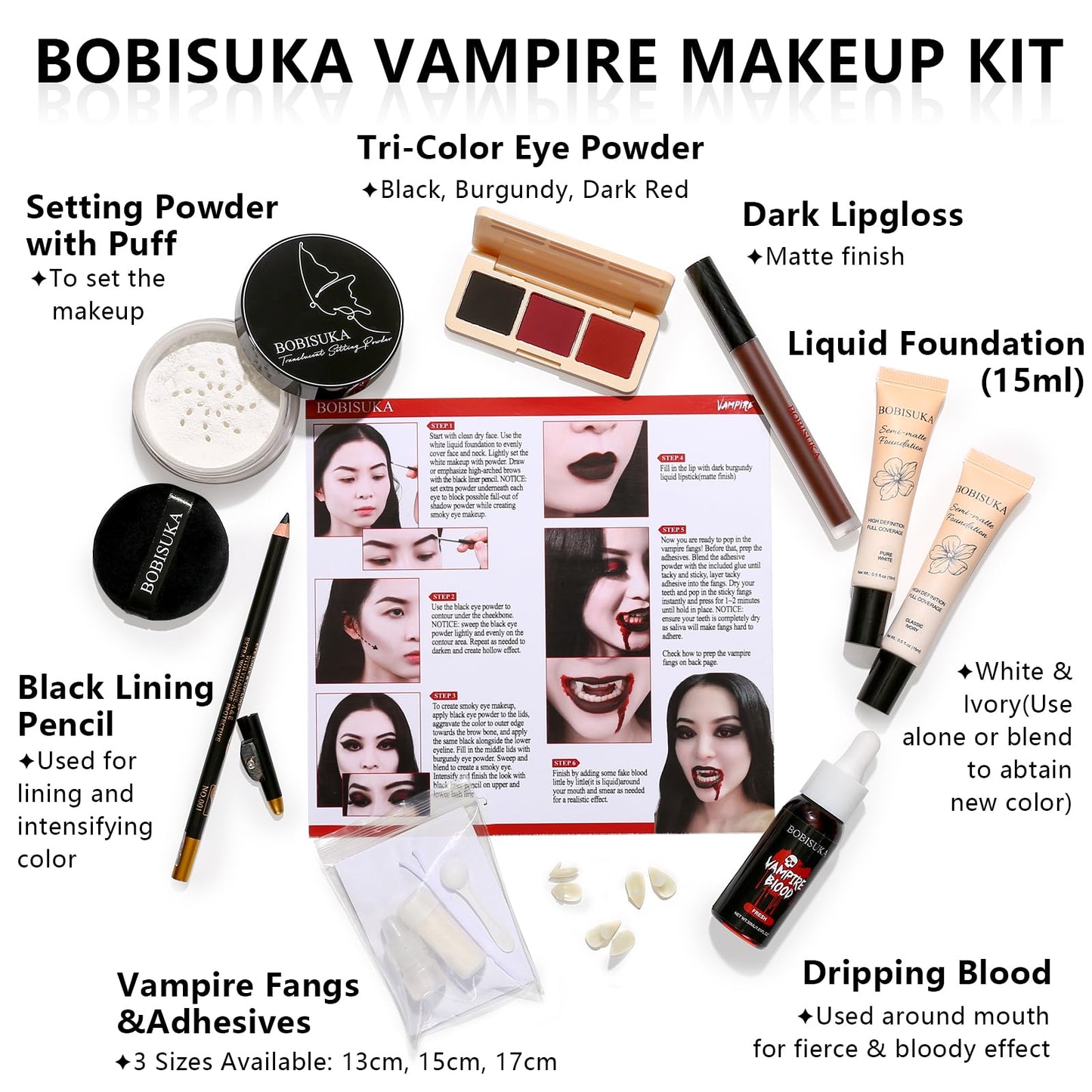 Halloween Vampire Makeup Kit, Complete Vampire SFX Make Up Set with Vampire Teeth Fangs, Fake Blood and White Foundation for Cosplay, Costume Party, Stage, Movies & Theater