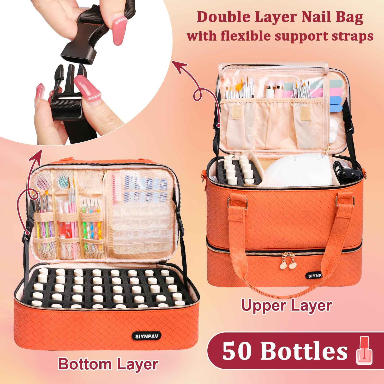 SIYNPAV Nail Polish Organizer Bag Holds 50 Bottles (15ml/0.5 fl.oz)& Nail Lamp, Woven Leather Nail Kit Storage Case with Holder Staps, Portable Nail Supplies Organizer for Manicure Tools (Orange)