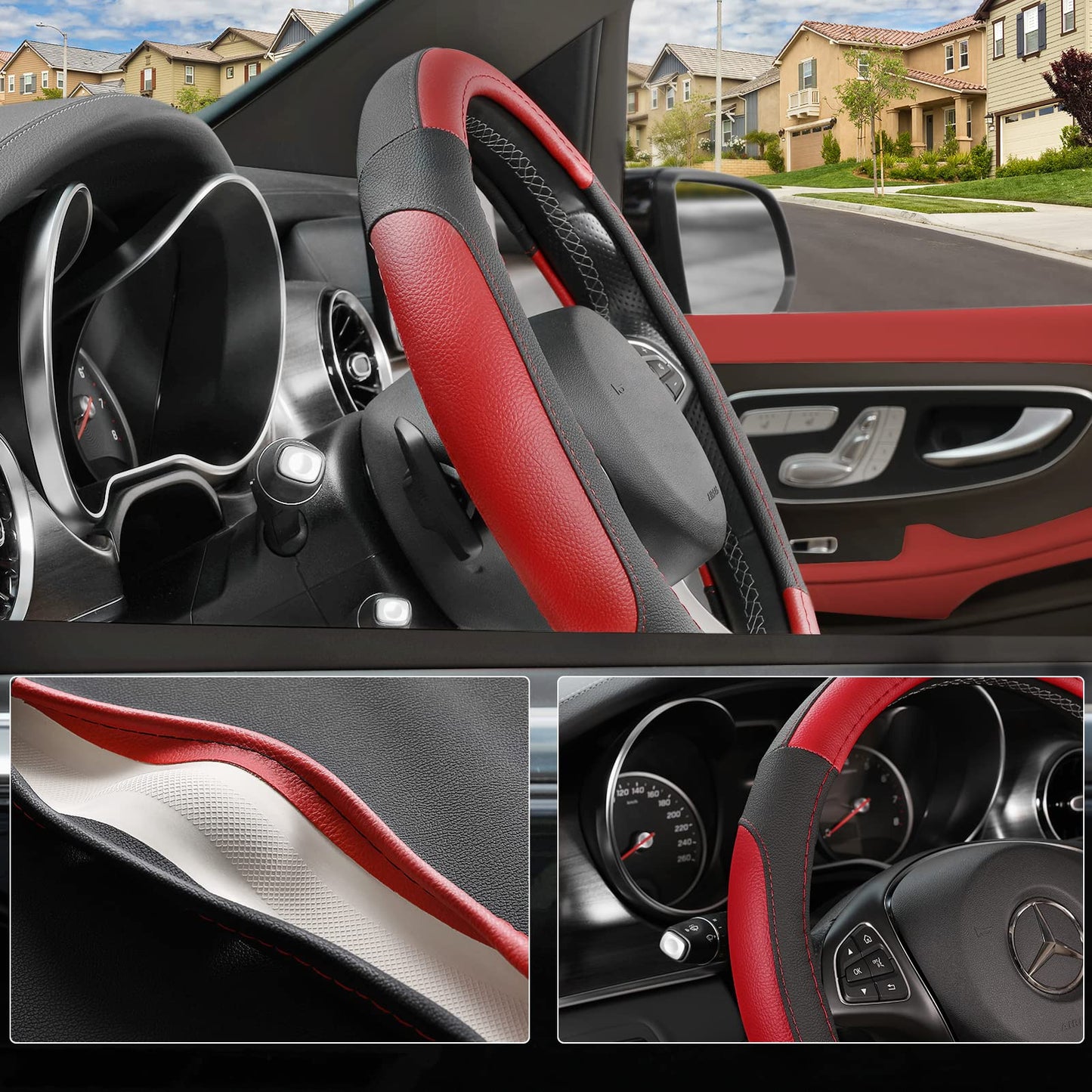 SEG Direct Car Steering Wheel Cover Universal Standard Size 14.5-15 inch, Black and Red Microfiber Leather