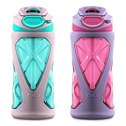 ZULU Torque 2 Pack 16oz Plastic Kids Water Bottle with Silicone Sleeve and Leak-Proof Locking Flip Lid, Soft Touch Carry Loop for School Backpack, Lunchbox, BPA-Free Dishwasher Safe, Pink