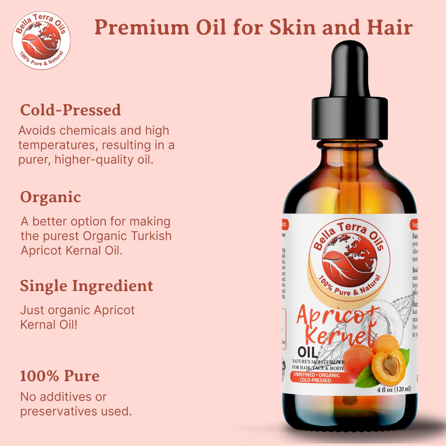 Bella Terra Oils - Organic Apricot Kernel Oil 4oz - Dive into Organic Apricot's Nutritional Excellence, High in Vitamin C, Promotes Supple & Radiant Skin