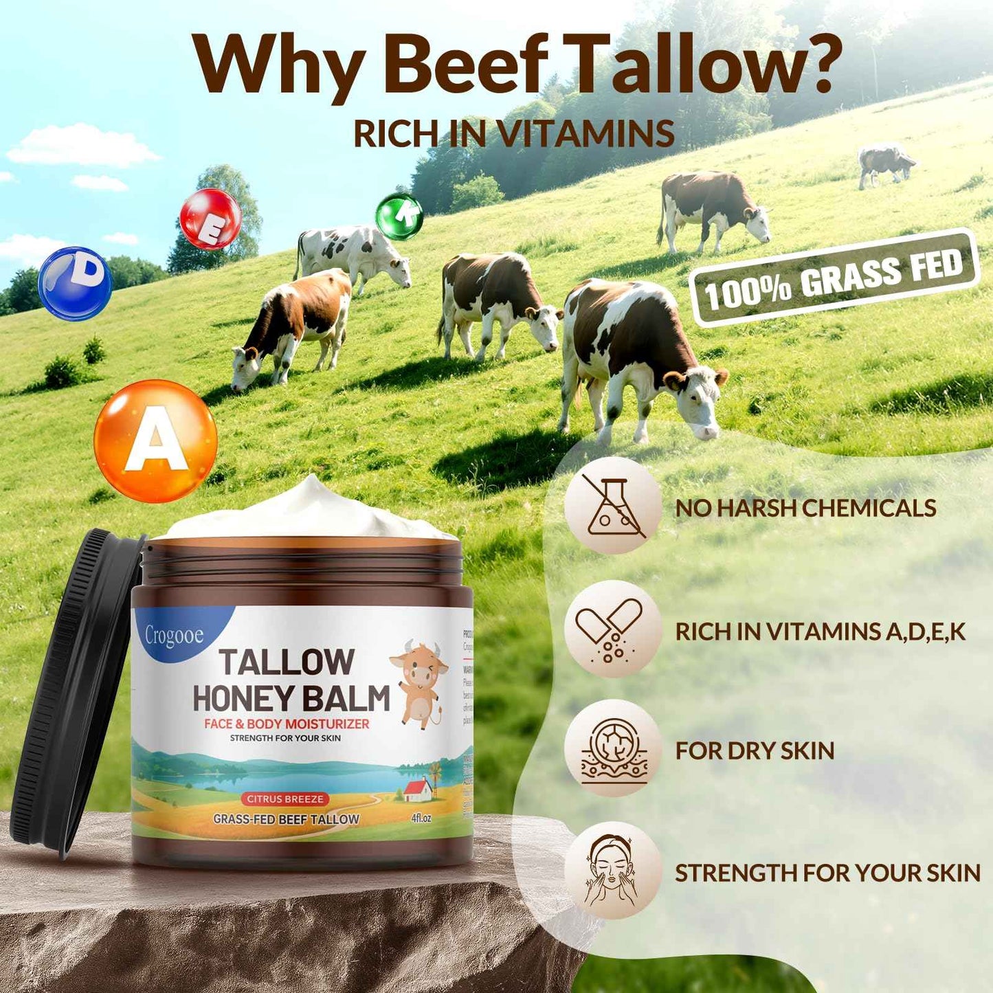 Beef Talow for Skin - 100% Grass Fed - Whipped Tallow and Honey Balm，Moisturizer Cream for Face & Body -Natural Organic Formula for Dry & Sensitive Skin (Citrus Breeze) (4 oz)