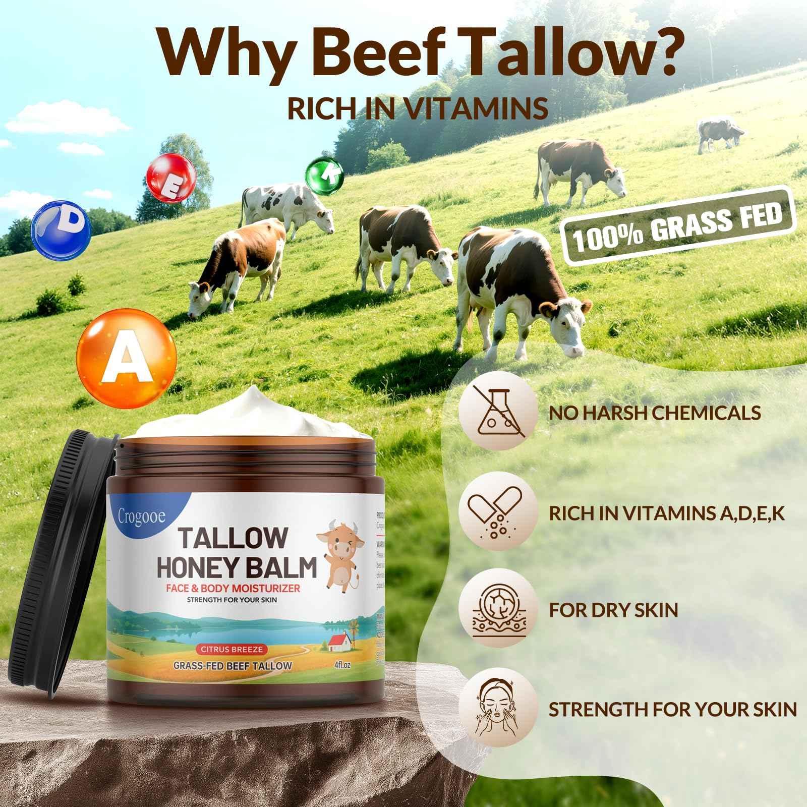 Beef Talow for Skin - 100% Grass Fed - Whipped Tallow and Honey Balm，Moisturizer Cream for Face & Body -Natural Organic Formula for Dry & Sensitive Skin (Citrus Breeze) (4 oz)