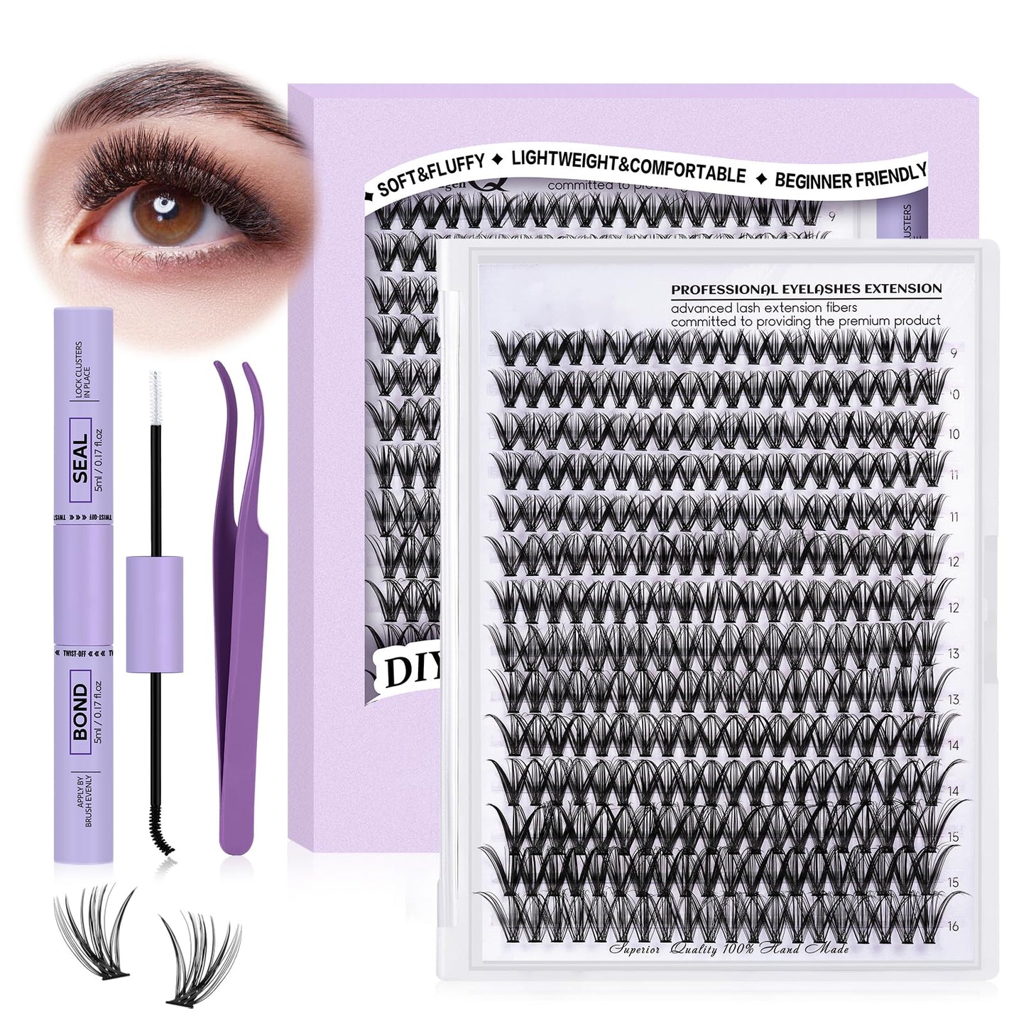 DIY Lash Extension Kit 280pcs Individual Lashes Cluster D Curl Eyelash Extension Kit Lash Clusters with Lash Bond and Seal and Lash Applicator Tool for Self Application (KIT,30D-D-9-16MIX)