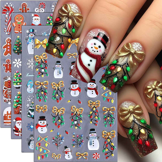Christmas Nail Stickers 5D Embossed Christmas Tree Snowman Nail Art Stickers Snowflake Nail Decals Self-Adhesive Santa Claus Gingerbread Man Design Sticker Holiday Nail Art Decoration for Women 4Pcs