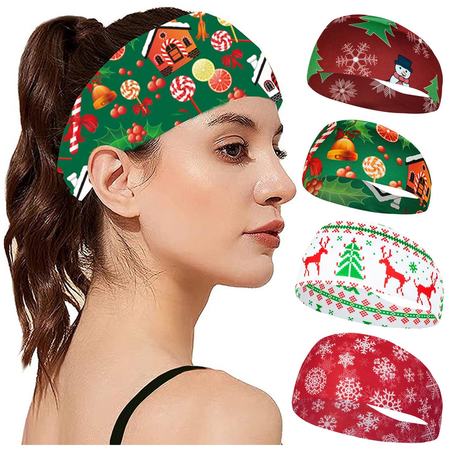 SELF FIND 4pcs Christmas Headbands for Women Christmas Wide Headbands Santa Claus Christmas snowman Deer Tree Knot Turban Xmas Elastic Hair Band for Women Head Bands (4 pcs)