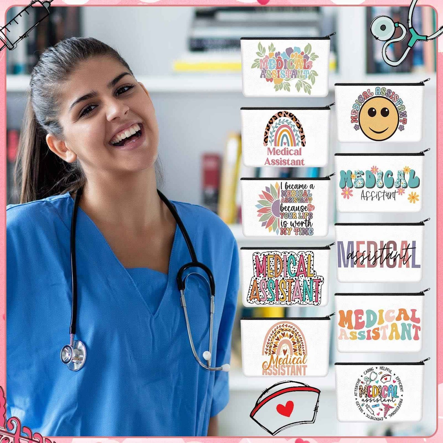 Kacctyen 10 Pcs Christmas Medical Assistants Recognition Gifts MA Cosmetic Canvas Pouch Bags MA Appreciation Gift for Medical Assistants Recognition Day