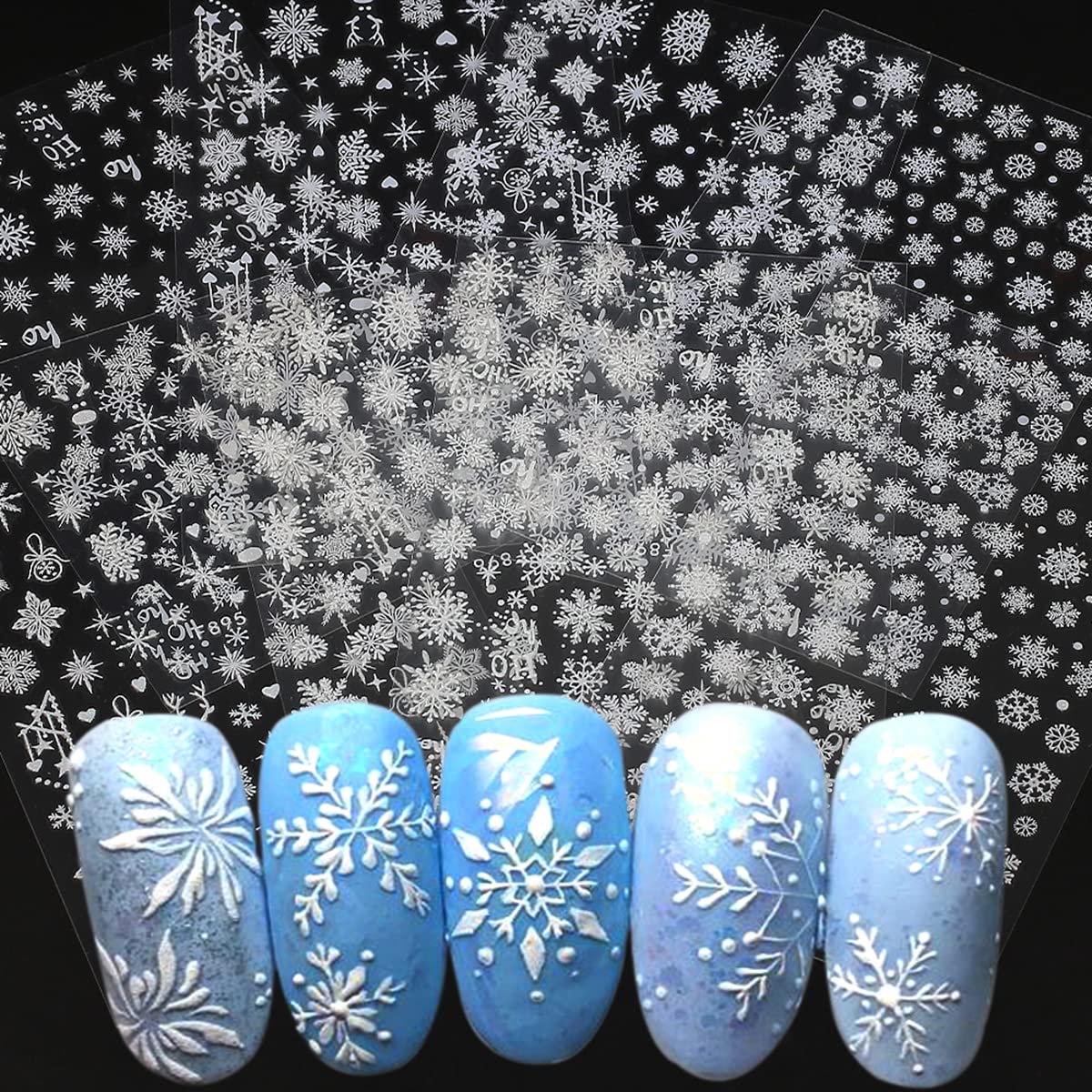 8 Sheets 3D Snowflake Nail Art Stickers Winter Nail Decals Self-Adhesive Glitter Designs Nail Charms Christmas Nail Stickers Winter Holiday Nail Decoration for Women Girls DIY Xmas Nail Art Supplies