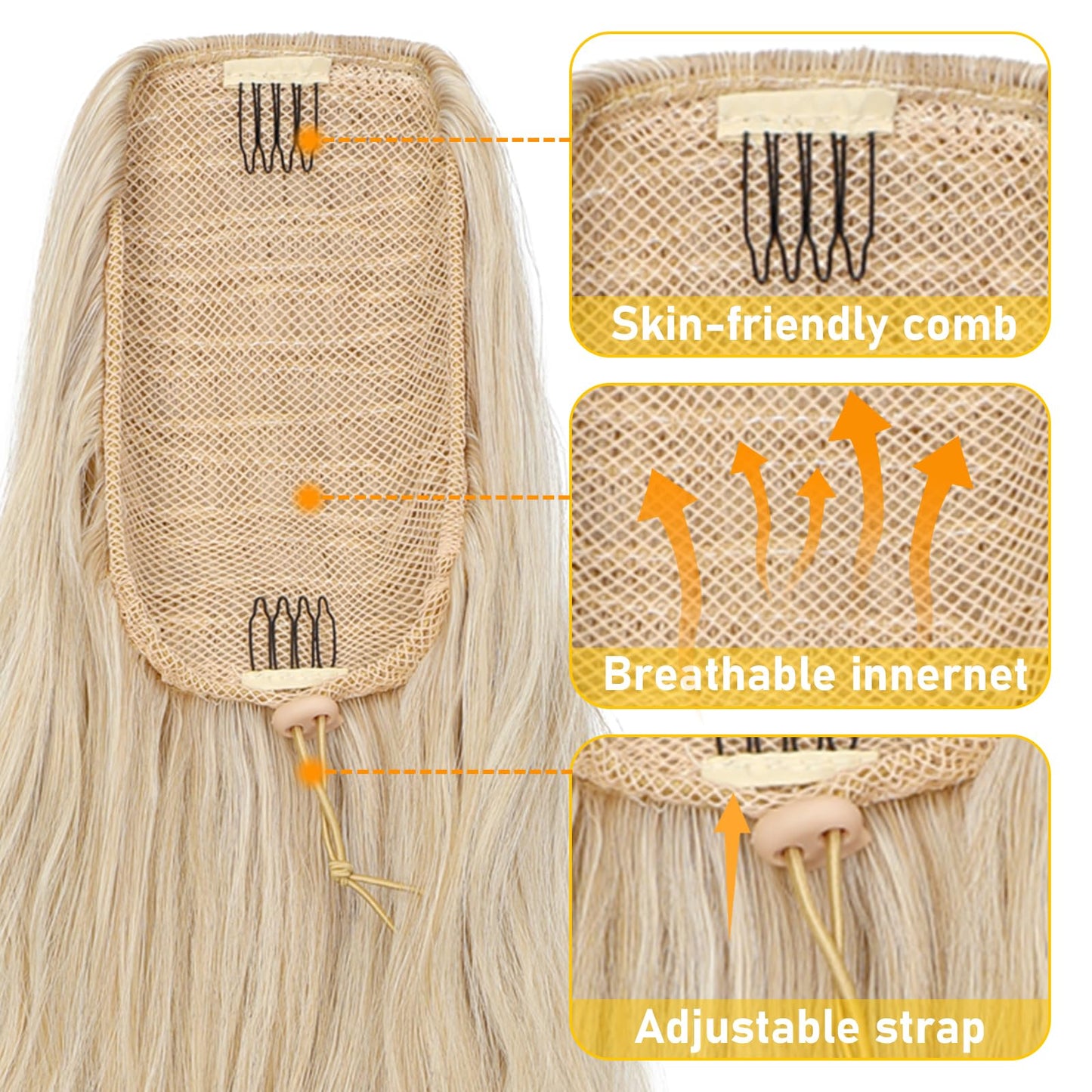 Cephermer Ponytail Extension 24'' Long Wavy Drawstring Pony Tails Hair Extension Ponytail Baby Blonde mix Bleach Blonde Synthetic Hairpiece for Women