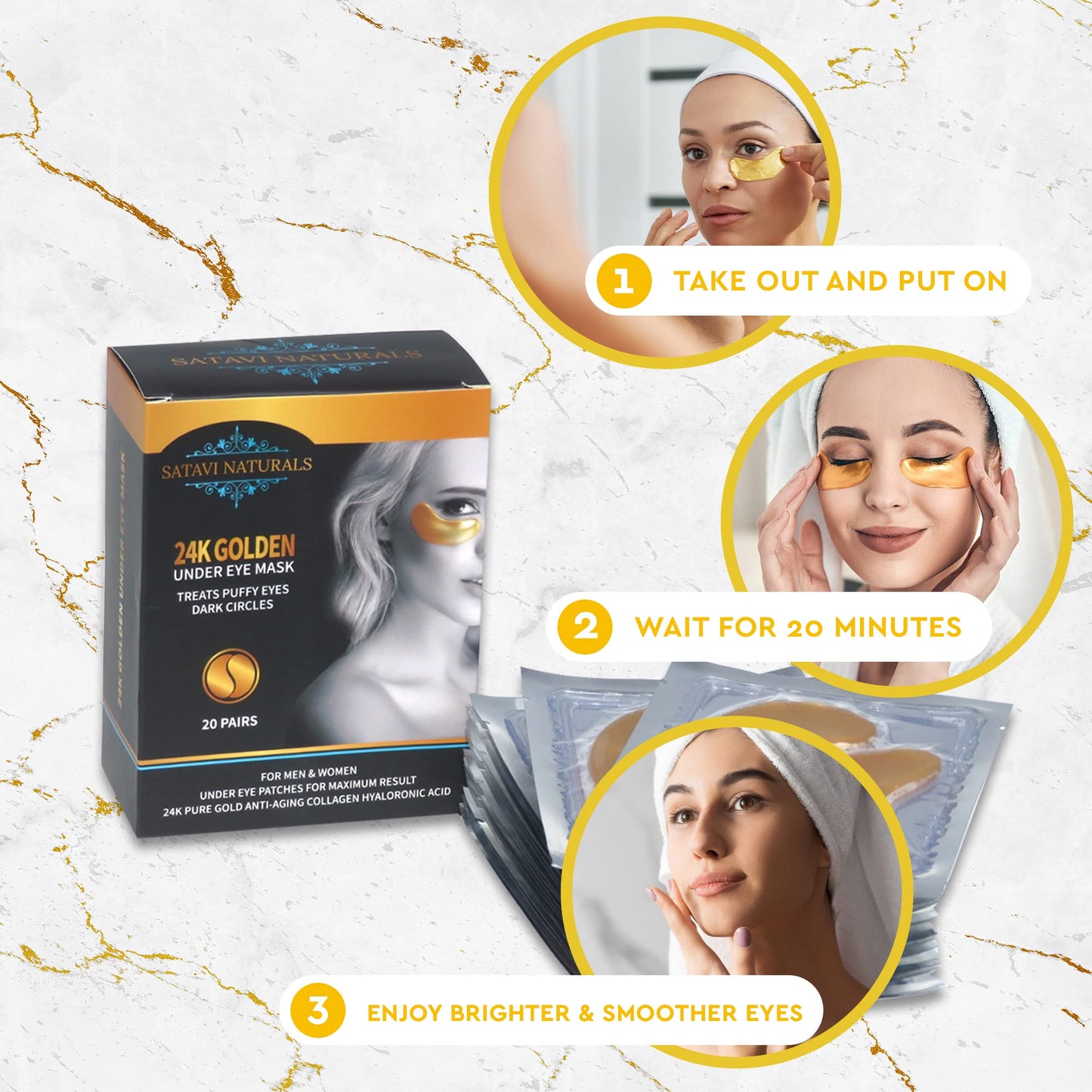 24K Gold Under Eye Mask Patches for Dark Circles & Puffy Eyes Treatment - 20 Pairs Hydrating Anti-Aging Hyaluronic Acid & Collagen Eye Pads for Smoother Softer Cool Skin, Beauty Gel Eyemask Skin Care