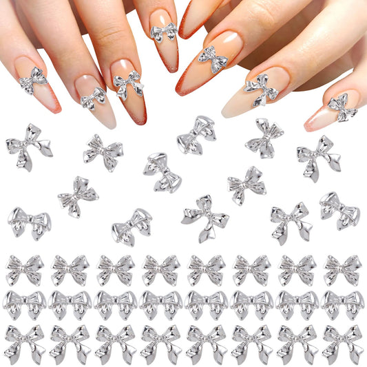 HINZIC 90Pcs Silver Bow Nail Charm 3 Styles Bowknot Nail Bows Glitter Acrylic Pearls Kawaii Valentines Wedding Prom Decoration for Women Girls Phone Case Scrapbook Envelope Cards Making