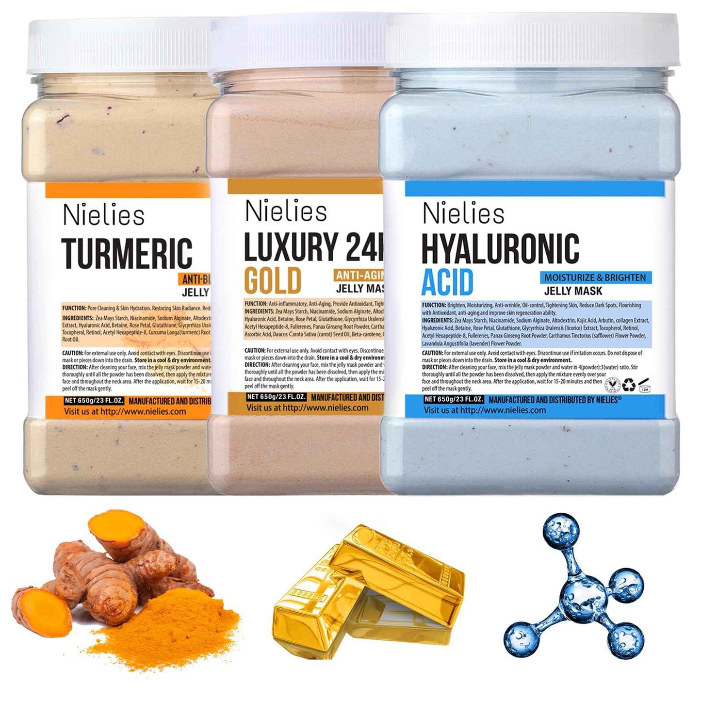 Nielies Jelly Face Mask For Facials | Bundle of 24K Gold & Turemic + Hyaluronic Acid Hydrating And Nourishing HydroJelly Masks | Vajacial