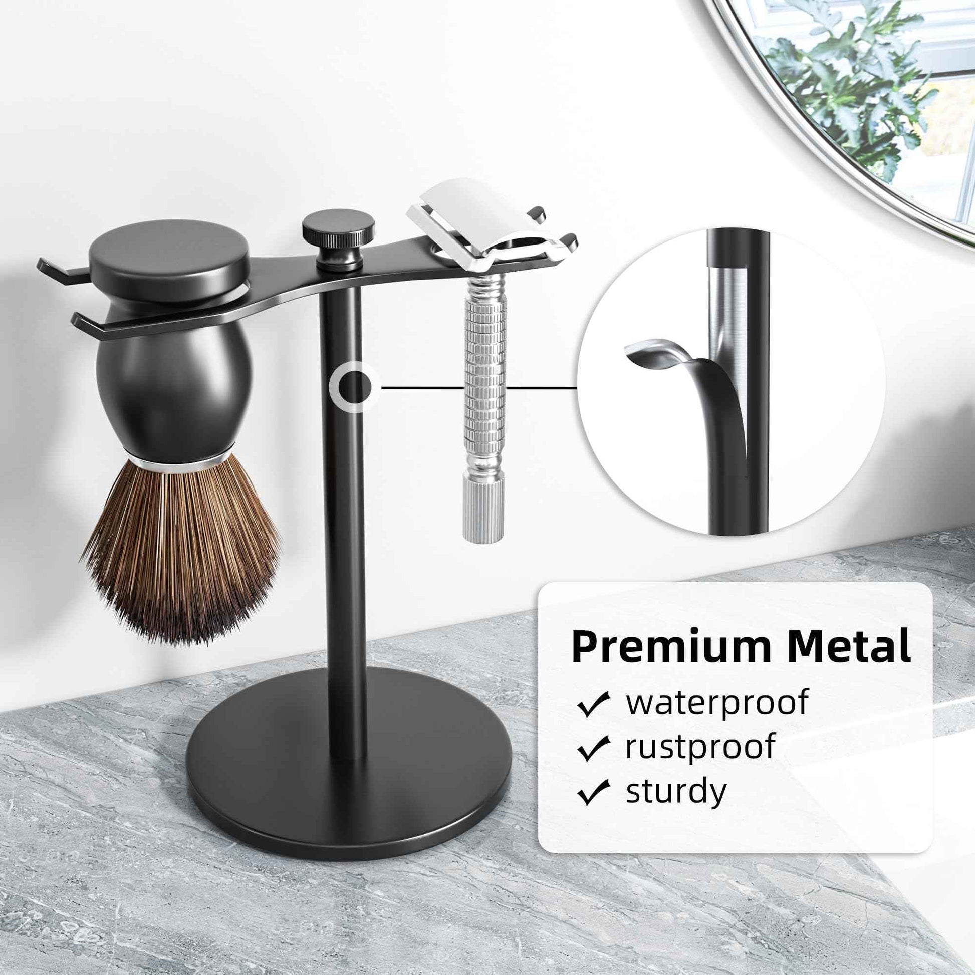pickpiff Safety Razor Stand With Brush Holder, Black Heavy Duty Metal Shaving Holder for Men, Extra Wide Openings, Fits Most Brushes and All Kinds Of Razors