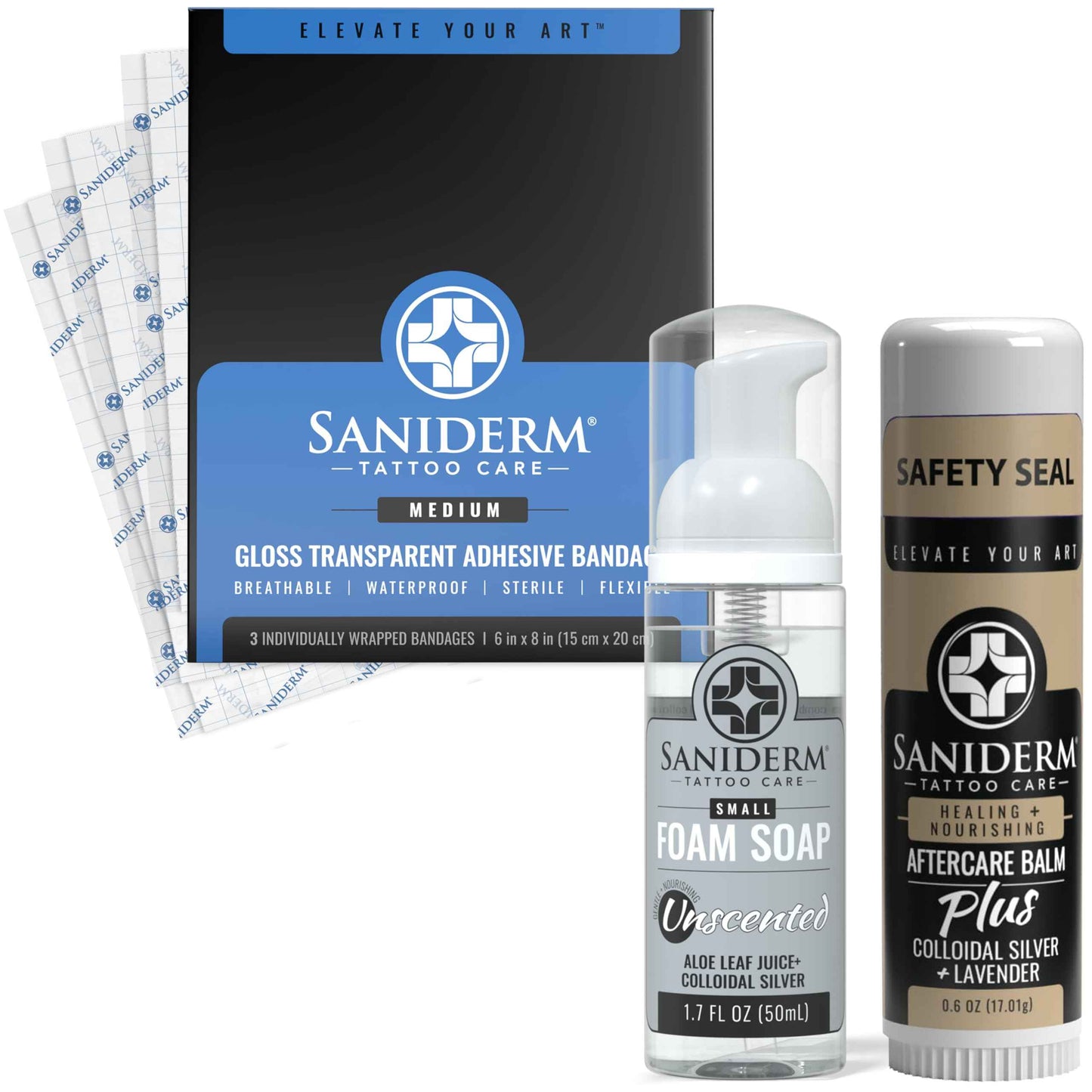 Saniderm Tattoo Recovery Bundle (3 items) – Aftercare Bandage Sheets (6 in x 8 in) + Foaming Soap (1.7oz) + Aftercare Balm PLUS+ (0.6 oz)
