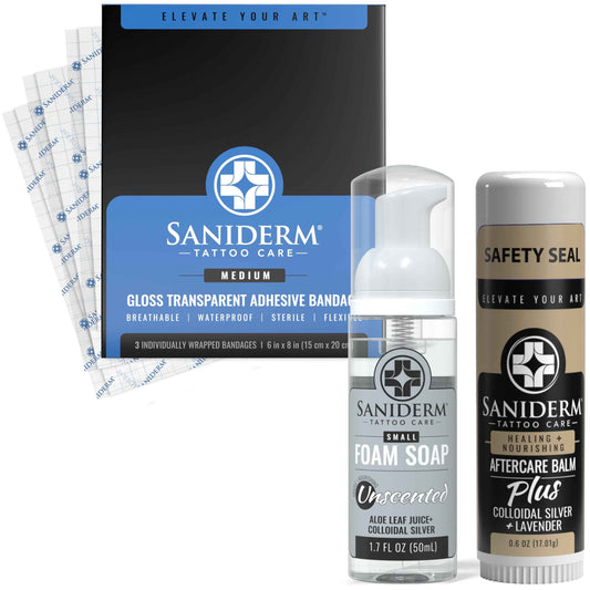 Saniderm Tattoo Recovery Bundle (3 items) – Aftercare Bandage Sheets (6 in x 8 in) + Foaming Soap (1.7oz) + Aftercare Balm PLUS+ (0.6 oz)