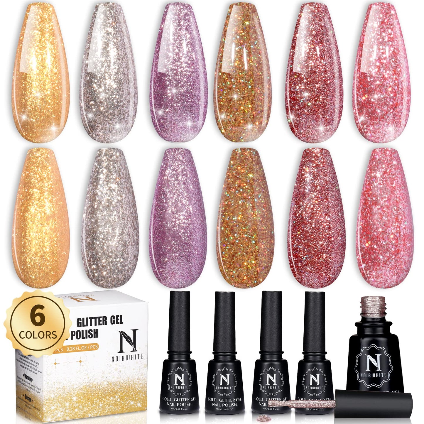 noirwhite Glitter Gel Nail Polish, 6 Colors Shine Gel Nail Polish Set Soak Off UV LED Gold Pink Brown Gel Polish Starter Kit for Home Salon DIY Nail Art Manicure All Season Gel Polish Kit