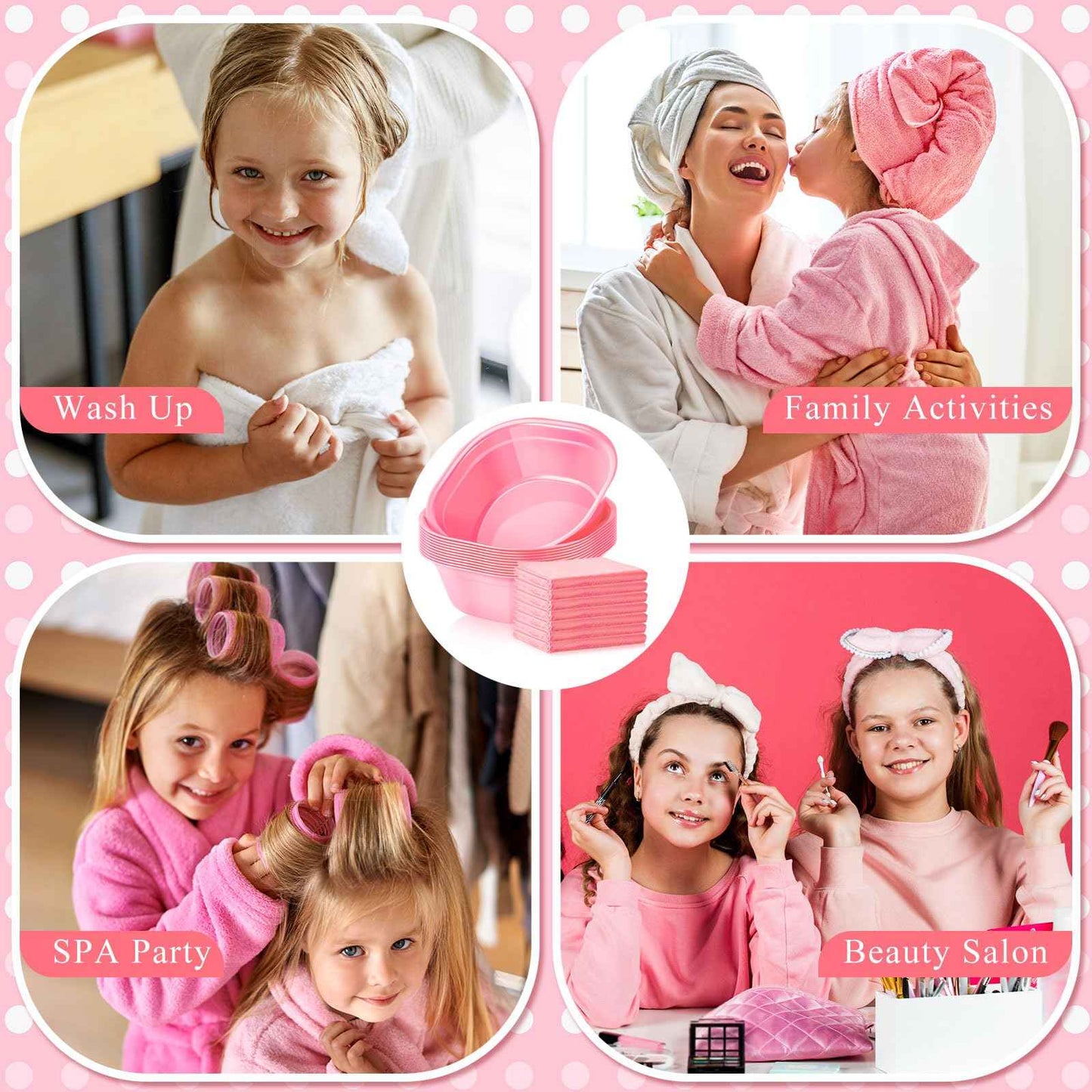 Patelai 6 Sets Kids Foot Spa Kit for Girl 12 x 12 x 4.3 Inch Foot Soaking Tub 14 x 30 Inch Hand Towels Washbasin Towels for Spa Party Sleepover Party Supplies(Pink)