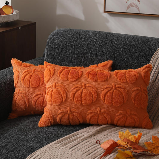 DFXSZ Fall Pillow Covers 12x20 Set of 2 Fall Decorations Autumn Orange Pumpkin Throw Pillow Cases Soft Plush Faux Fur Wool Couch Cushion Case for Chair Sofa Bedroom Living Room Home Decor PTK012C12