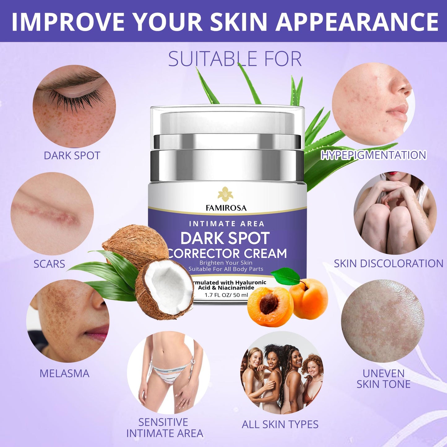 Famirosa Dark Spot Corrector Cream-Underarm Cream for Armpit, Neck, Knees, Elbows, Inner Thigh, Private Parts- Intimate Skin Cream- Formulated with Hyaluronic Acid, Niacinamide and Vitamin C-50 ml