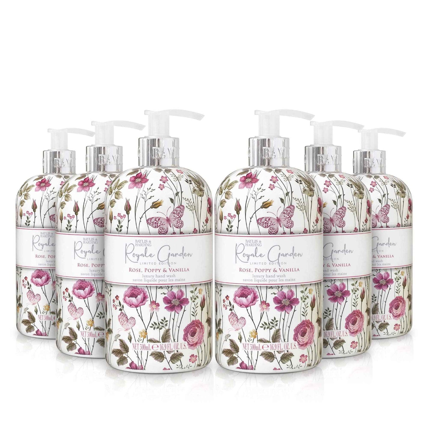 Baylis & Harding Liquid Hand Soap Wash with Dispenser, Royale Garden, Rose, Poppy & Vanilla, 16.9oz/500ml (6-Pack)