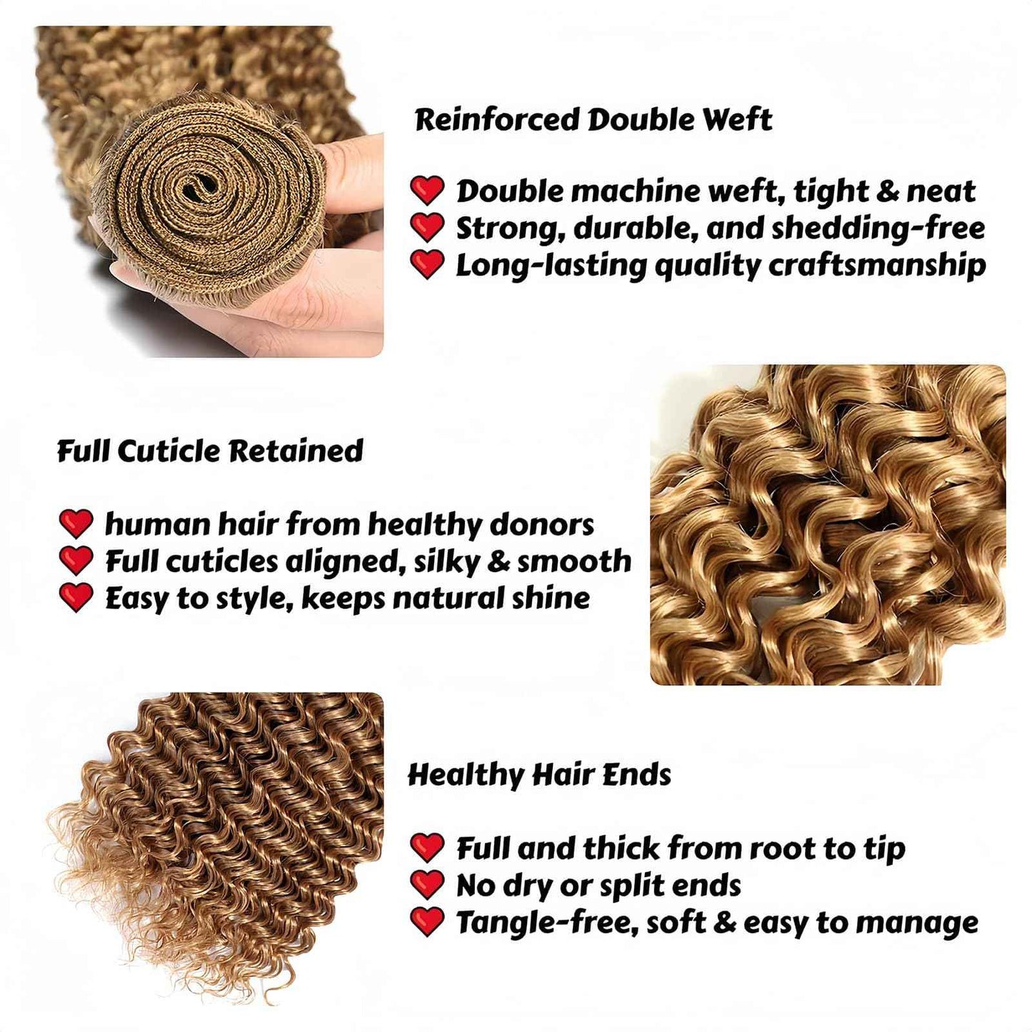 Honey Blonde Deep Wave Bundles Color #27 Brazilian Hair 10 12 14 Inch 3 Bundles Double Weft Defined Curly Deep Wave Extensions Soft and Bouncy for Black Women