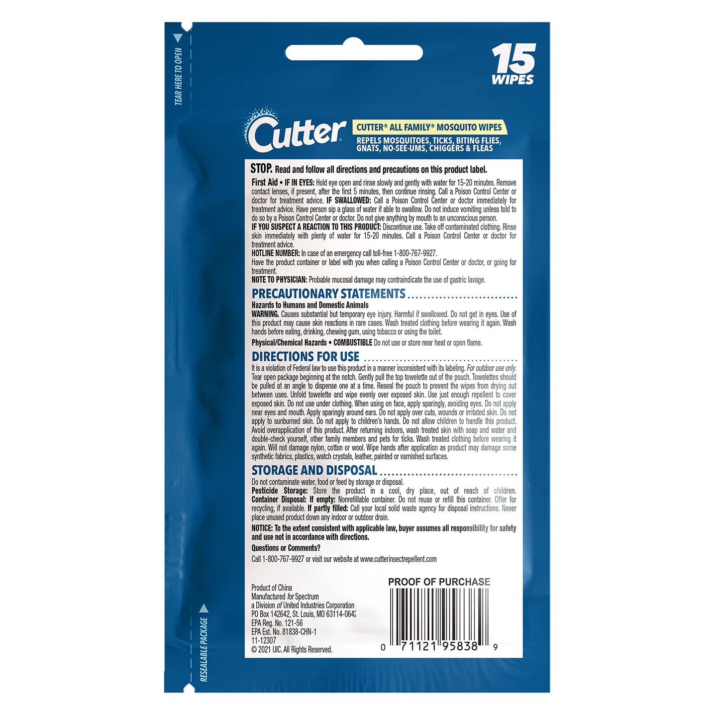 Cutter All Family Mosquito Wipes, Insect Repellent, Repel Mosquitoes, Ticks, Gnats, Fleas & More, 7% DEET 15 Count