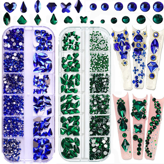 BELICEY Nail Art Rhinestones Green Blue Flatback Round Rhinestones Charms Nail Gem Stones with K9 Bling Glass Crystals Diamonds Jewelry for Nail Design DIY Crafts Face Decoration