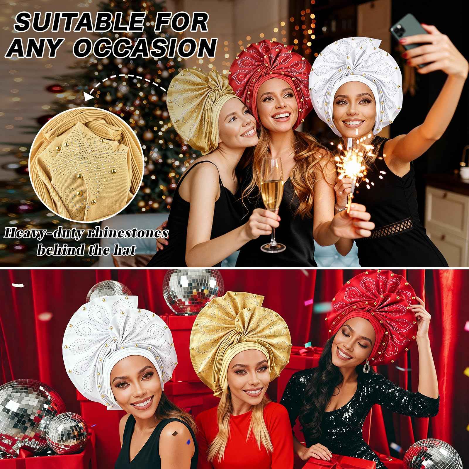 Nigerian headwear for Women African headscar,Auto Gele headband,hand wrap beaded - made for weddings parties events (Gold)