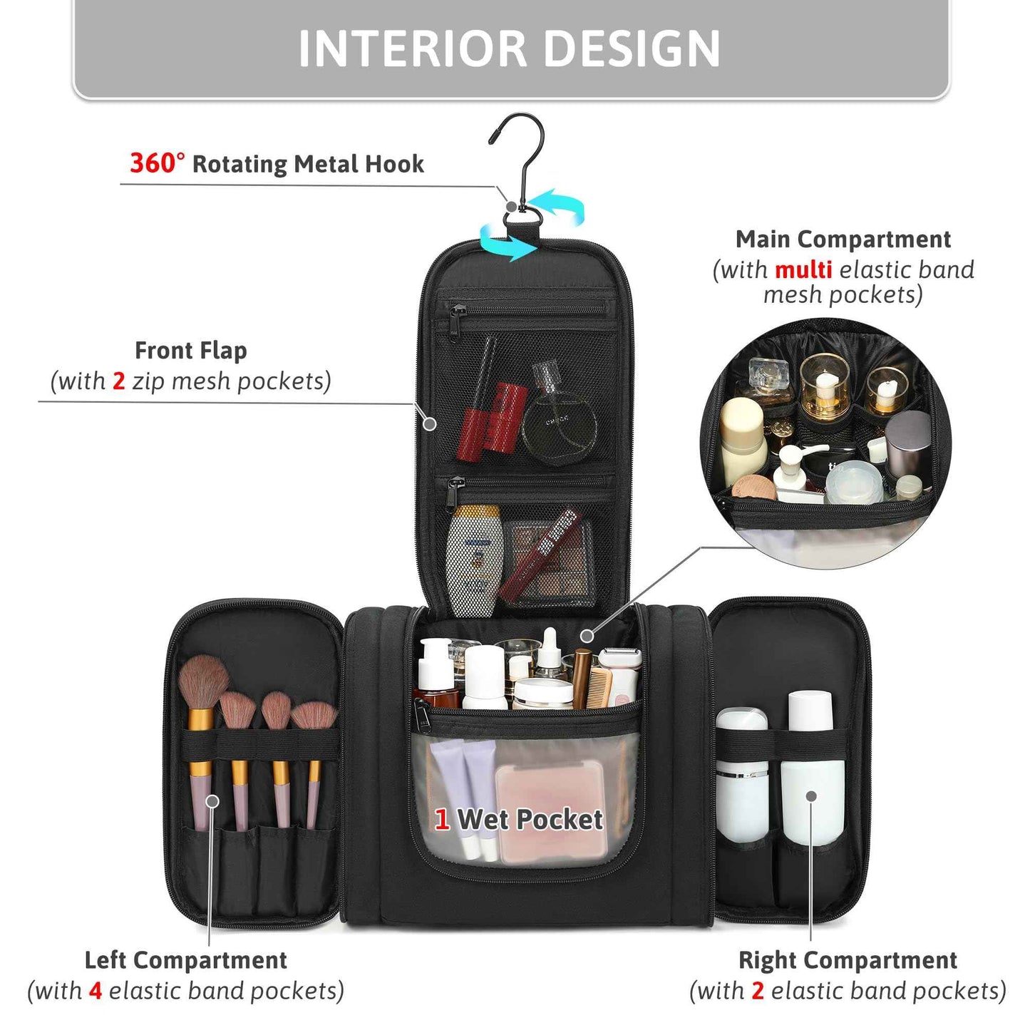 Pearl Angeli Hanging Toiletry Bag for Women, Large Makeup Cosmetic Bag, Water Resistant Toiletries Travel Essentials Organizer, Full-size Container, Black