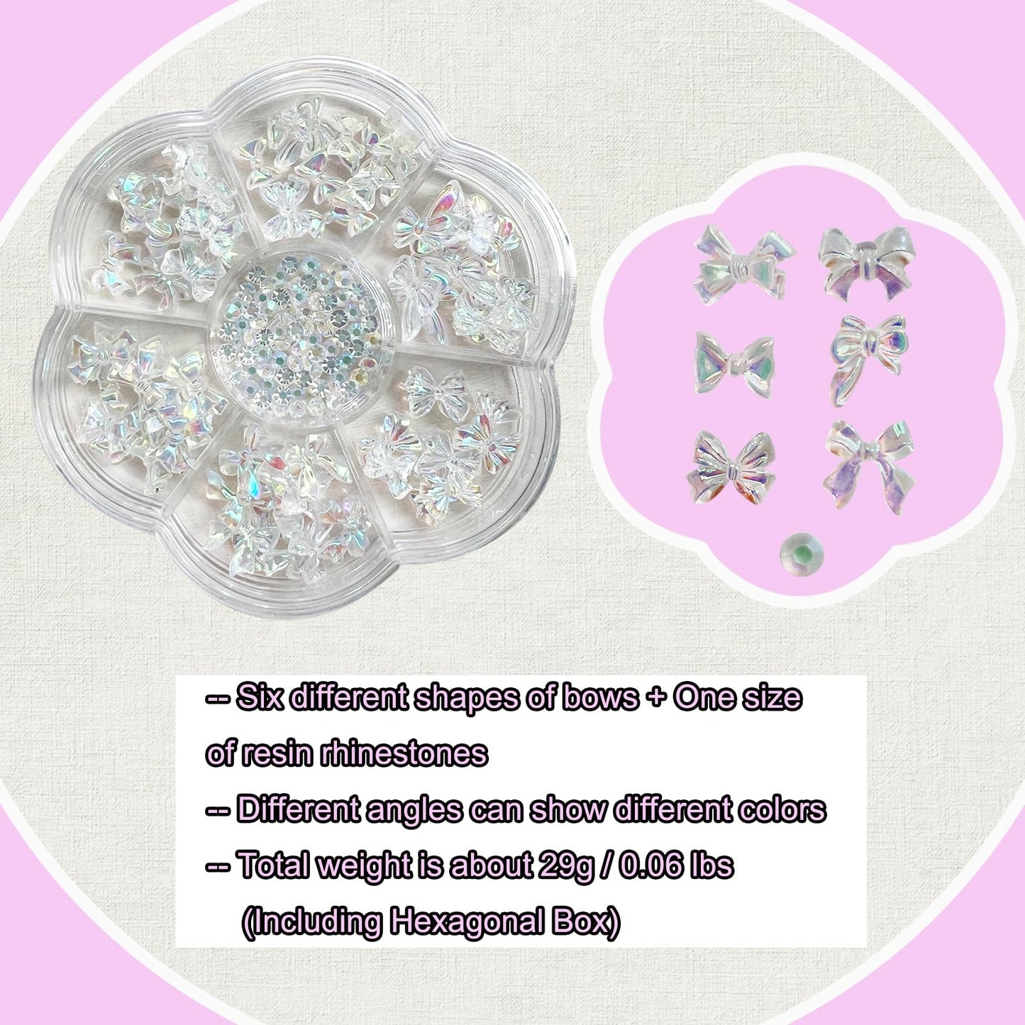 Aurora Bow Nail Charms & Resin Rhinestones, 6 Shapes of Resin Bow Knot Nail Charms for Nail Art Design, 3D Shining Bow-Knot Nail Charms for Acrylic Nail DIY Decoration Nail Art Accessories