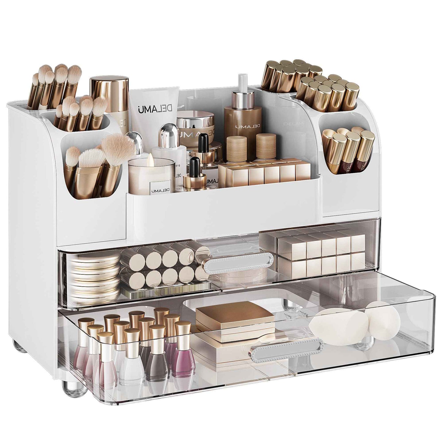 Delamu Makeup Organizer Countertop with 6 Brush Holder, Bathroom Countertop Organizer with 2 Large Drawers, Cosmetic Display Case for Vanity, Ideal Christmas Gifts for Women Girls, Light White