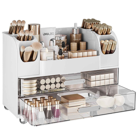 Delamu Makeup Organizer Countertop with 6 Brush Holder, Bathroom Countertop Organizer with 2 Large Drawers, Cosmetic Display Case for Vanity, Ideal Christmas Gifts for Women Girls, Light White