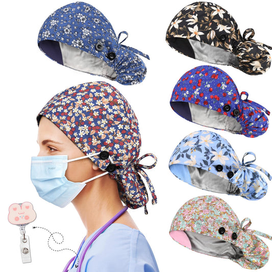 6 Pcs Scrub Caps Women Satin Lined Scrub Caps Women Ponytail Surgical Caps for Women Scrub Hats Women Ponytail Pouch Tie Back, Badge Holder 1 Pcs