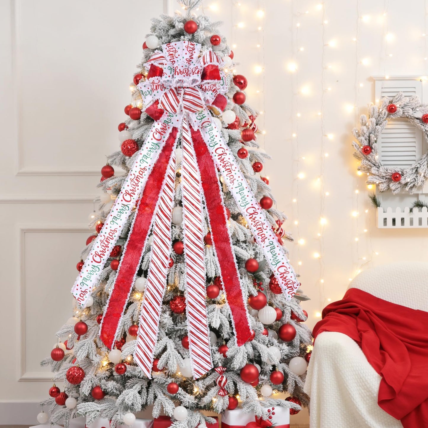 Christmas Tree Topper Bow Christmas Wreath Bow 45x12 Inches Large Burlap with White Red Polyester Edge Gift Bow for Xmas Tree Décor Christmas Home Indoor Outdoor Decoration