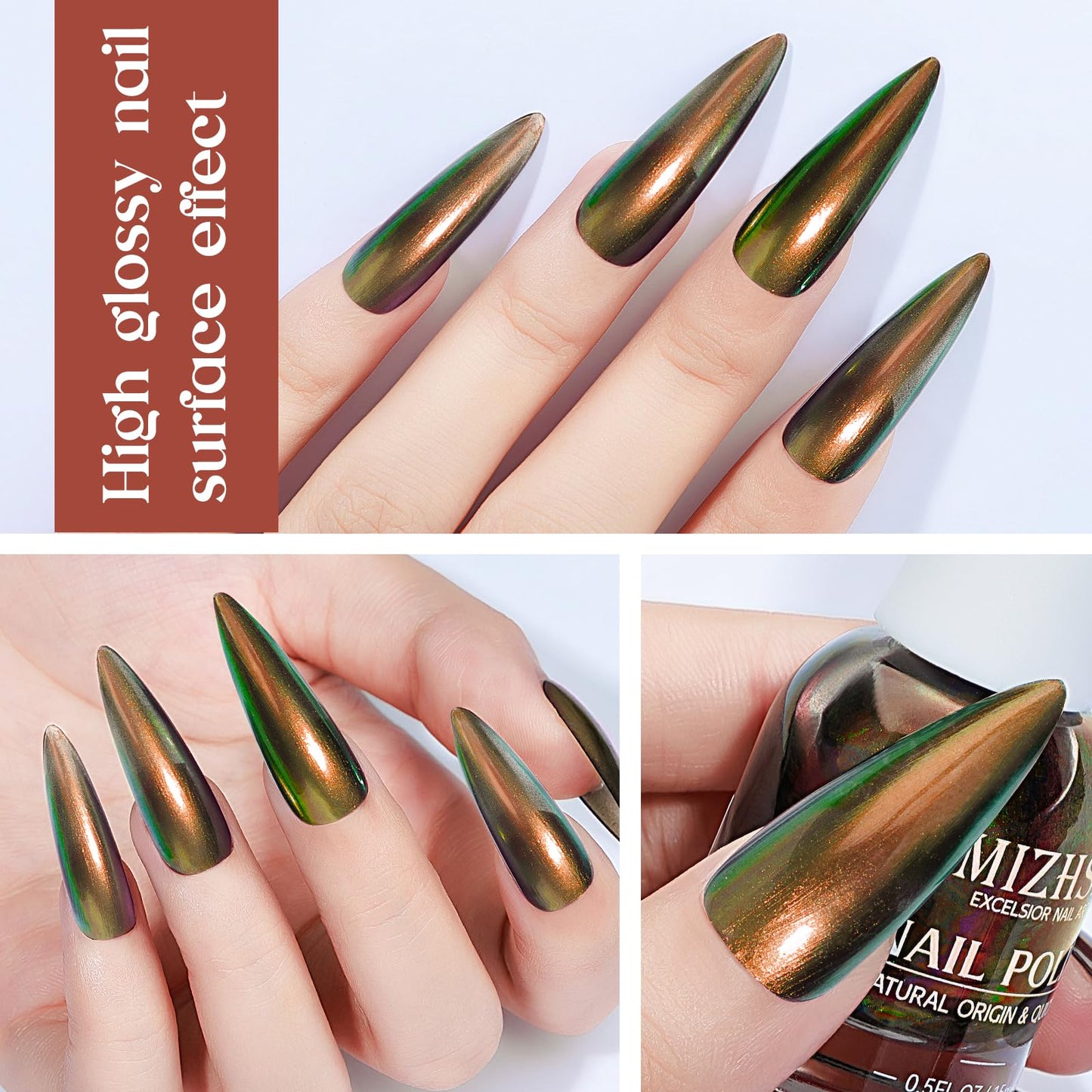 MIZHSE Chameleon Nail Polish Quick Dry, Dark Gold Nail Polish Air Dry Fast, 15ml/0.5 fl oz High Glossy Shine Finish Holographic Nail Polish Nail Art Manicure Home