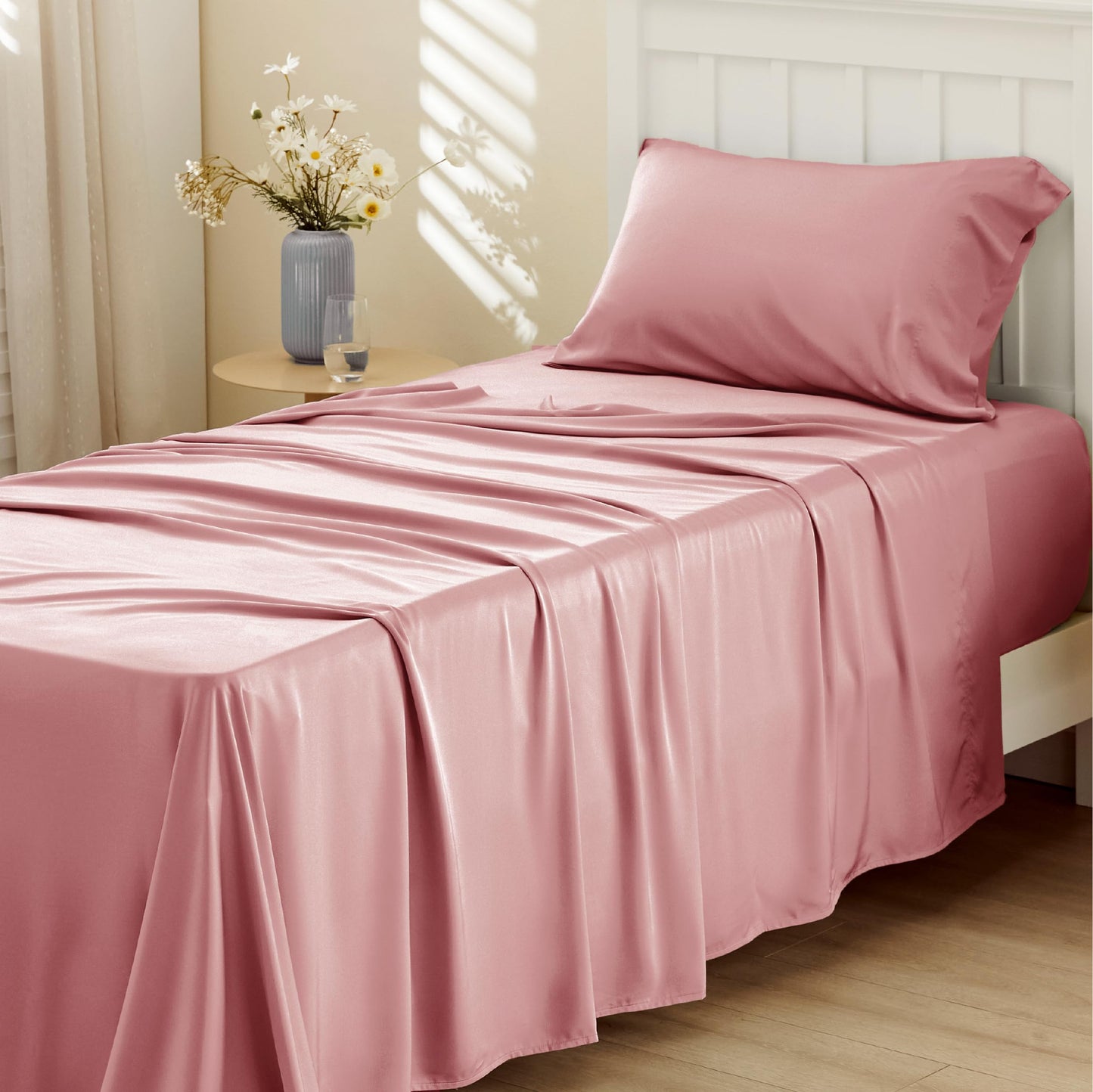 Bedsure Twin Sheets Set, Cooling Sheets Twin Size Bed Set, Rayon Derived from Bamboo, Twin Size Sheets, Breathable & Soft Bed Sheets, Hotel Luxury Silky Bedding Sheets & Pillowcases, Blush Pink