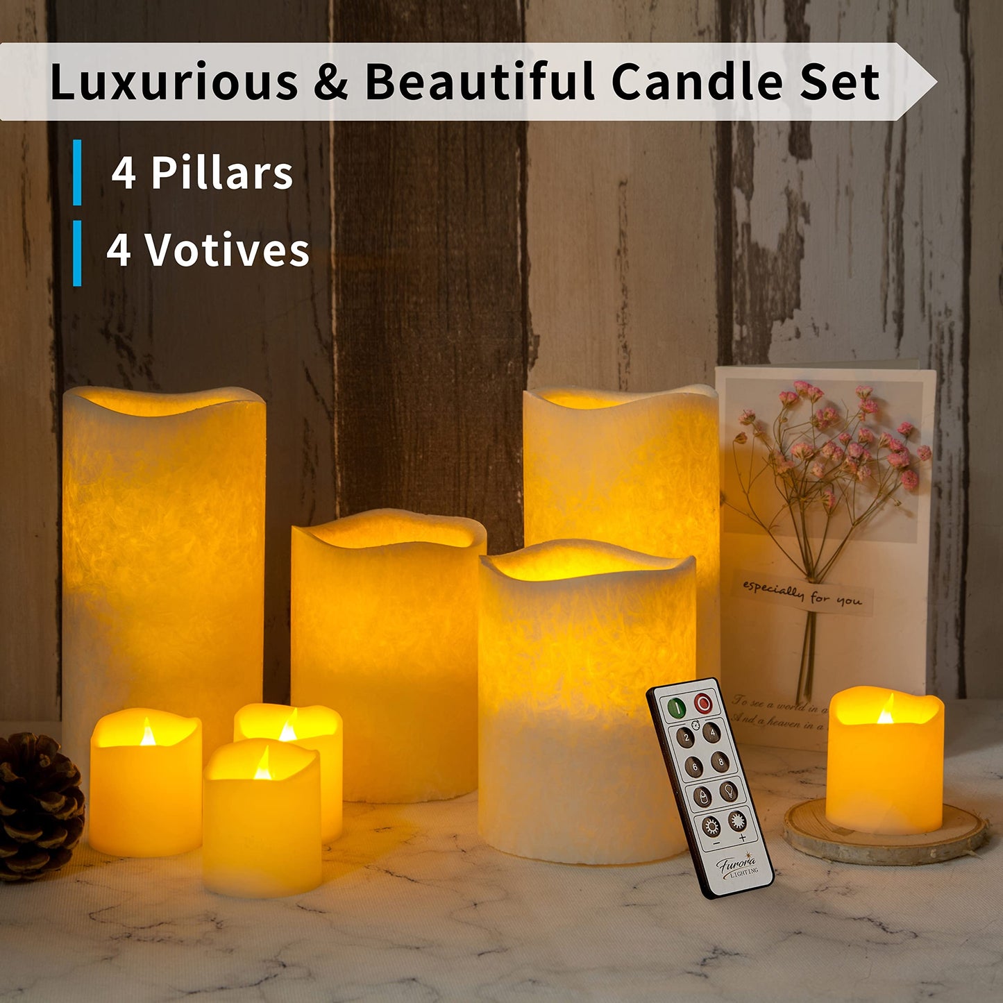 FURORA LIGHTING Ivory Crystallized Real Wax Flickering Candles with Remote and Timer, 4 Pillars and 4 Votives Pack of 8 for Home Décor, Battery Included