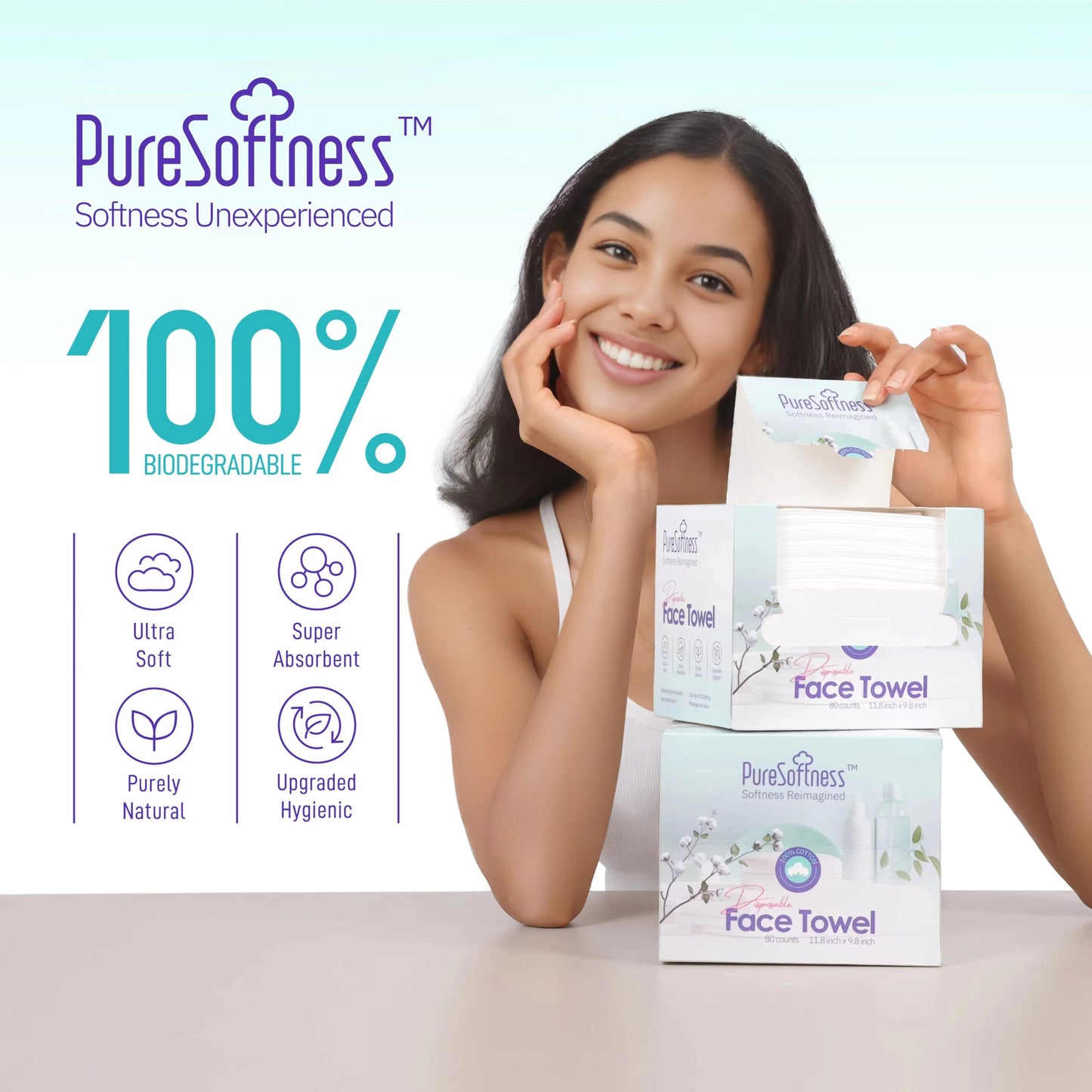 PureSoftness Luxuriously Soft Disposable Face Towel, 100% Cotton, 80 Count, Extra Large 12" x 10" Ultra Soft Dry Wipe for Face Wash, Makeup Remover, Bio-Based Towelette for Sensitive Skin (1 pack)