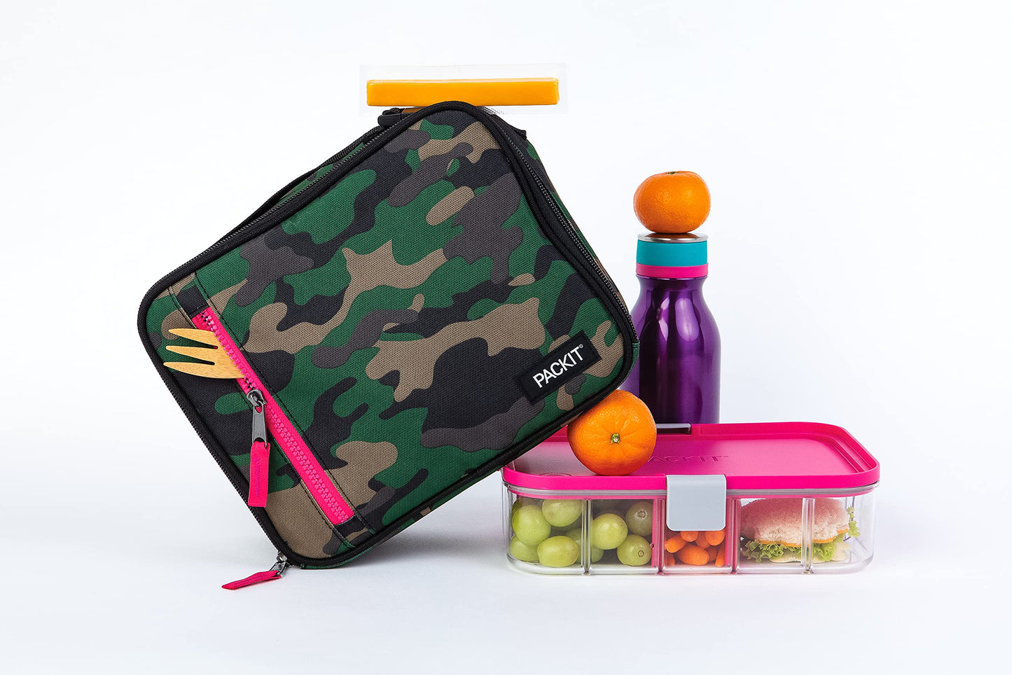 PackIt Freezable Classic Lunch Box, Camo Hot Pink, Built with EcoFreeze Technology, Collapsible, Reusable, Zip Closure With Zip Front Pocket and Buckle Handle, Designed for Lunches