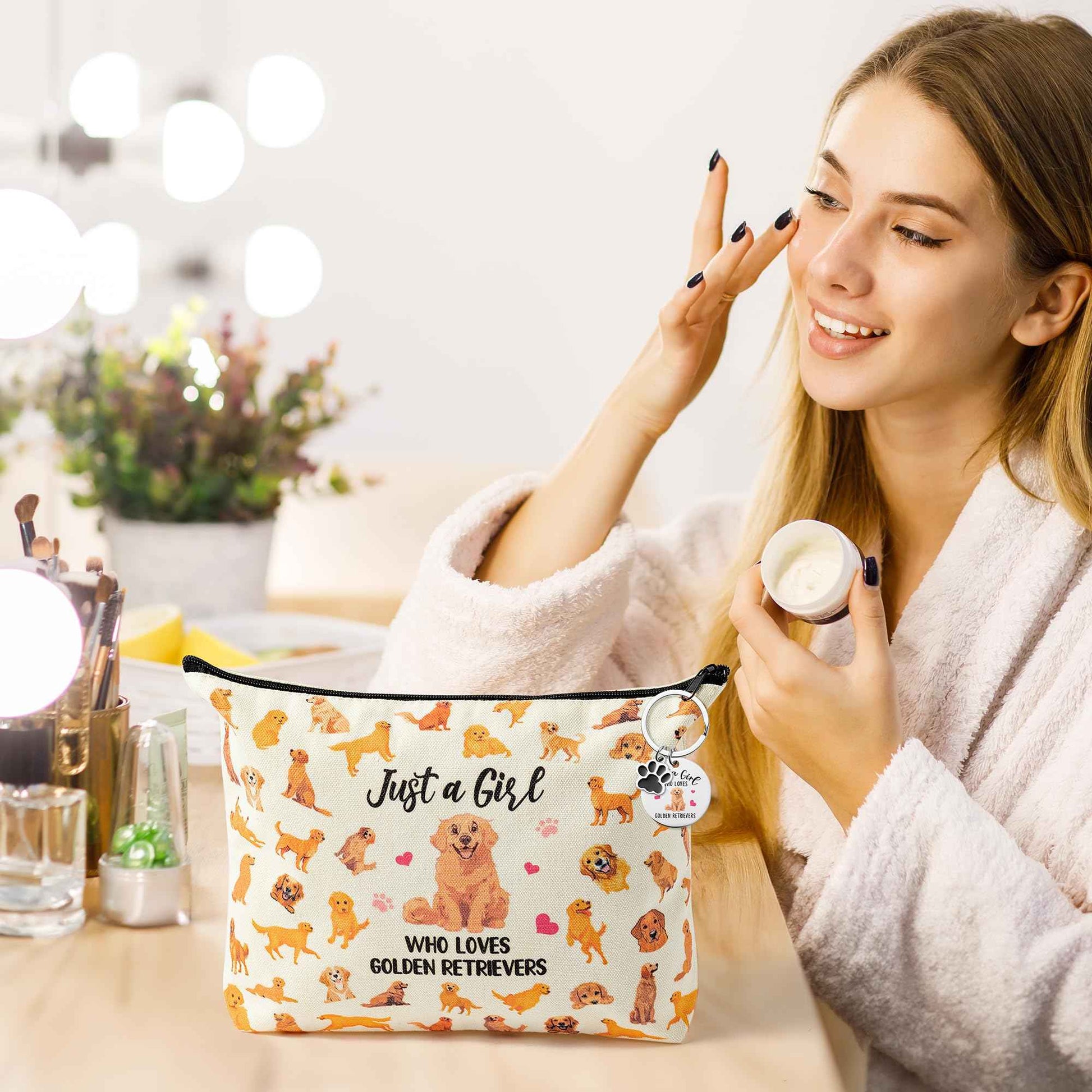 JAPBOR Makeup Bag for Dog Lovers - Golden Retriever Dog Themed Cosmetic Bags and Keychain Gifts Set, Cute Puppy Organizer Makeup Pouch, Animal Travel Zipper Toiletry for Owner Women Girl Traveling
