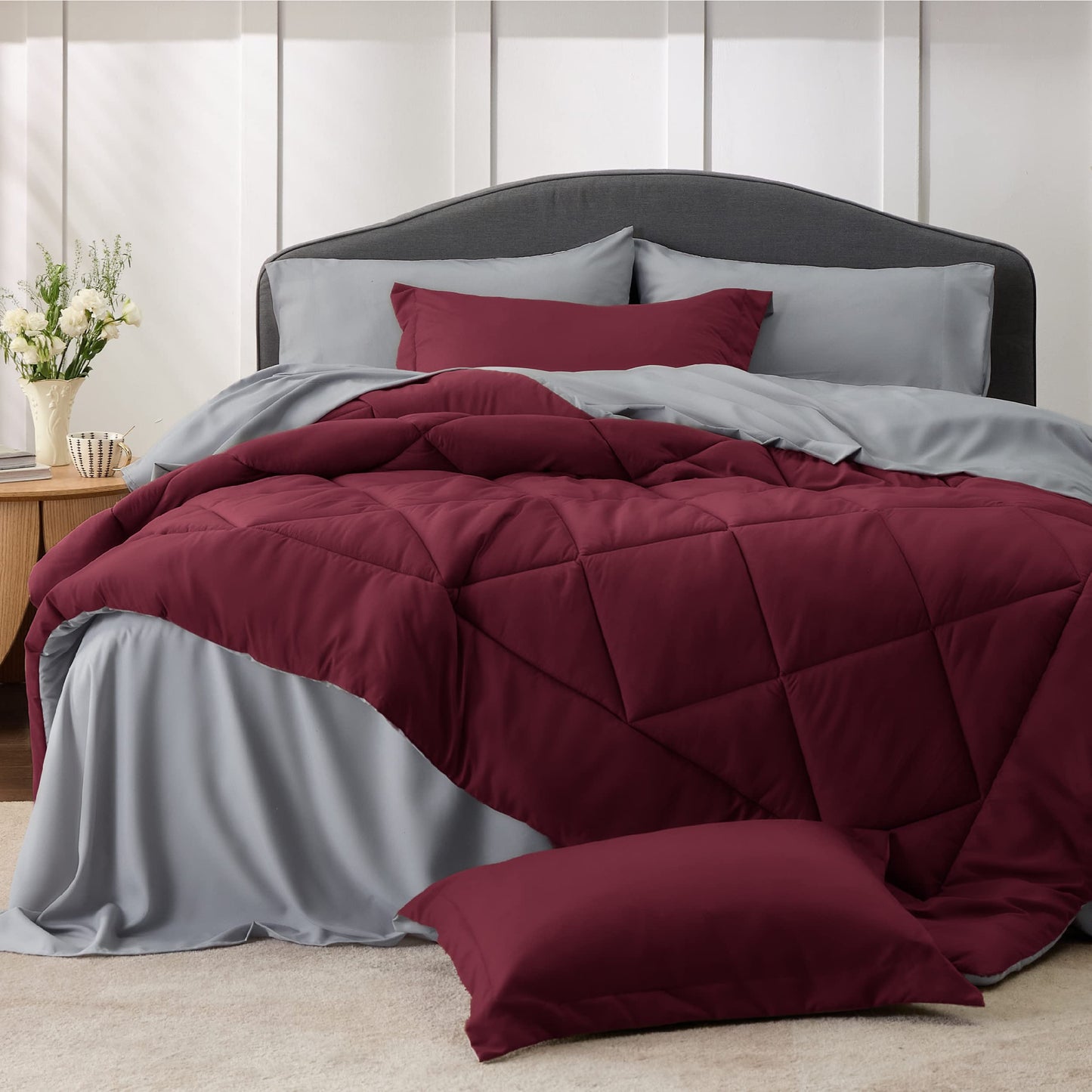 Bedsure Burgundy Twin Comforter Set - 5 Pieces Reversible Twin Bed in a Bag, Extra Long Twin Bed Set with Comforters, Sheets, Pillowcase & Sham, Twin Bedding Sets for College