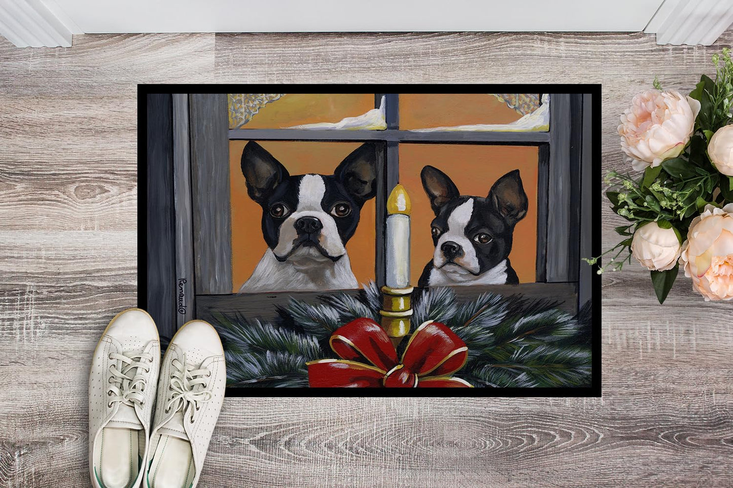 Caroline's Treasures PPP3248JMAT Boston Terrier Looking for Santa Christmas Doormat 24x36 Front Door Mat Indoor Outdoor Rugs for Entryway, Non Slip Washable Low Pile, 24H X 36W